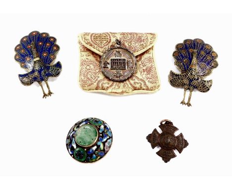 A pair of Siam silver and enamel peacock clip brooches, Chinese silver abacus pendant, silver jade and enamel brooch decorate