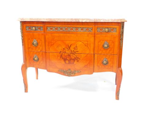 A Louis XVI style marble topped break front commode, with marquetry inlay, having three graduated cushion drawers, raised on 