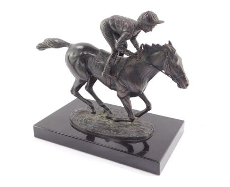 David Cornell (British, 20thC). Champion Finish, bronze study of Lester Piggott riding Nijinsky, signed, dated 1985, on a bla