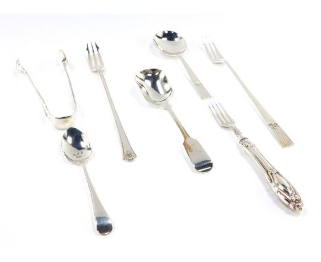 A group of assorted silver flatware, a Victorian silver scoop, a silver handled pickle fork, a pair of silver sugar knips, tw