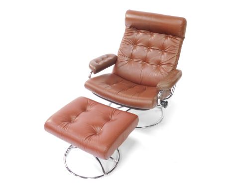 An Ekornes Stressless brown leather and chrome armchair, with button back and adjustable swivel base, and a matching stool.  