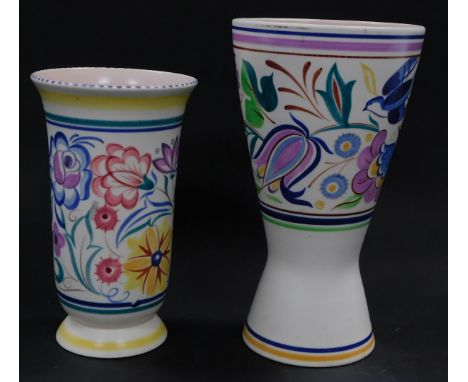 A Poole Pottery mid century vase, traditionally decorated with a band of flowers and birds, shape no. 715, printed and impres