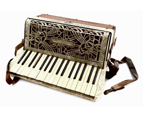 A Bluebird faux mother of pearl bound accordion, model V, 48 button.