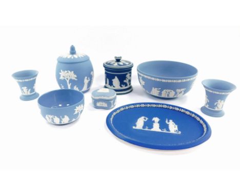 A group of Wedgwood Jasperware, to include mainly pale blue, biscuit barrel, trinket dishes and bowls, a dark blue Copeland S