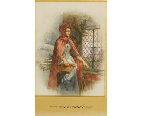 Herbert Thomas Dicksee RE (1862-1942). A figure of a lady wearing a red cloak, carrying a basket, beside her leaded window, w