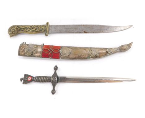 A Balkan dagger, commemorating The Greek War, the knife with brass handle, embossed with birds and scrolling leaves, the blad
