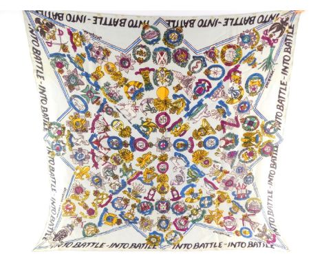 A Jacqmar WWII Into Battle propaganda scarf, decorated with regimental badges, against a pale blue ground, 89cm x 86cm.