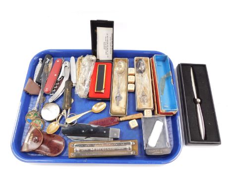 A collection of items, to include souvenir spoons, a Hohner harmonic in box (AF), various penknives, a brass compass, etc. (a