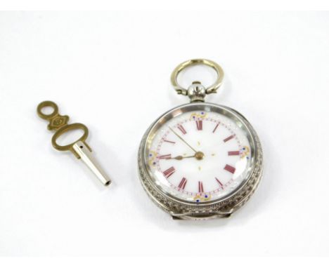 A silver pocket watch, with white enamel dial, with pink Roman numerals and gilt applied scroll detailing, in a hammered scro