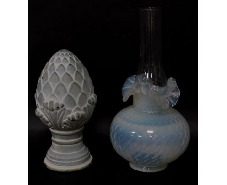 An opalescent glass oil lamp shade, clear glass chimney and a moulded glass pineapple finial, the former two con-joined, and 