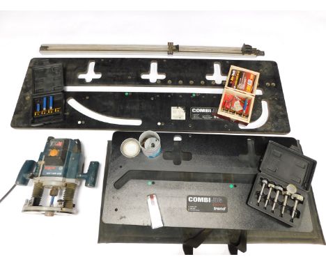 A Bosch GOF1300 Ace router, type 0601 613 742, with a combi jig, and further tooling.