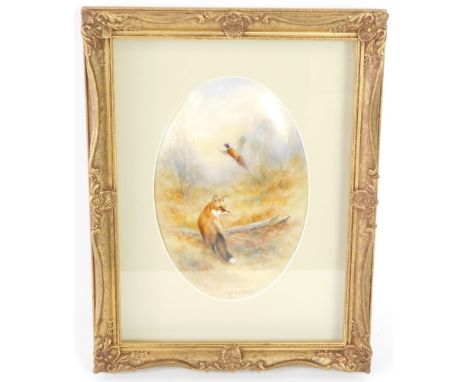 Milwyn Holloway. A painted porcelain plaque in the Royal Worcester style, depicting a fox and a pheasant, within a woodland l