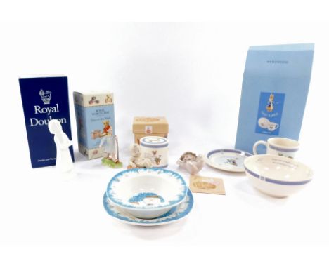 A group of ceramics, to include Coalport character Snowman bowl and plate, Wedgwood Peter Rabbit money box, Nao cherub, and a