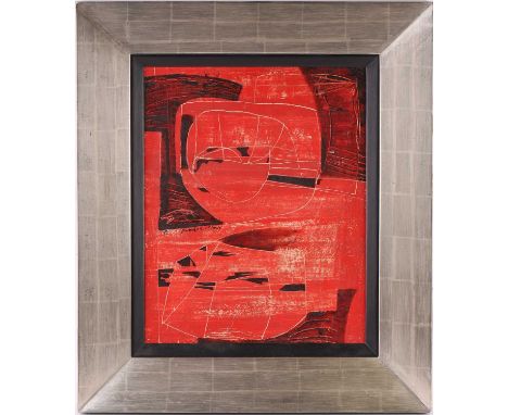 Sandra Blow (1925-2006) British, an abstract study in red, mixed media on panel, signed and dated '52, 49 cm x 39 cm in a con