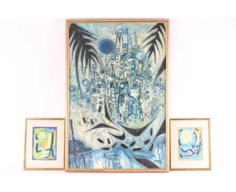 Art Derry (20th century) Trinidadian, 'Hosein Festival' 1966, acrylic on canvas, signed and dated verso, 75 cm x 49 cm, toget