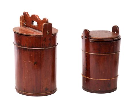 A Chinese probably stained Cypress wood coopered provincial "Dowry" plate bucket with a locking handle containing ten wooden 