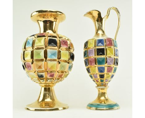Two vintage mid century 1960s Italian ceramic gilt and tiled centrepieces, comprising a trumpet vase and pouring ewer jug. Ea