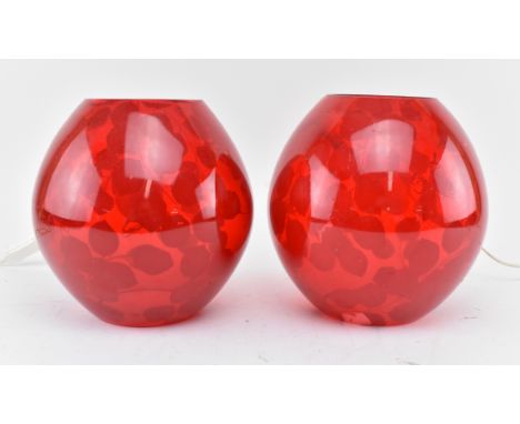 IKEA - A pair of vintage late 20th century Swedish designer etched red glass table / bedside globe lamp lights. The light sha