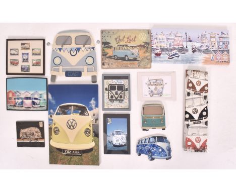 A collection of twelve vintage VW campervan pictures, prints &amp; wall hangings. The lot to include painted wooden board, pr