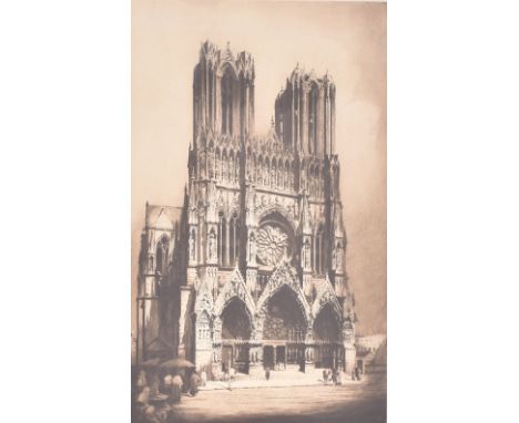 Stanley C. Eades - an early 20th century etching depicting the Cathedral of Notre-Dame of Reims. The etching depicting the ca