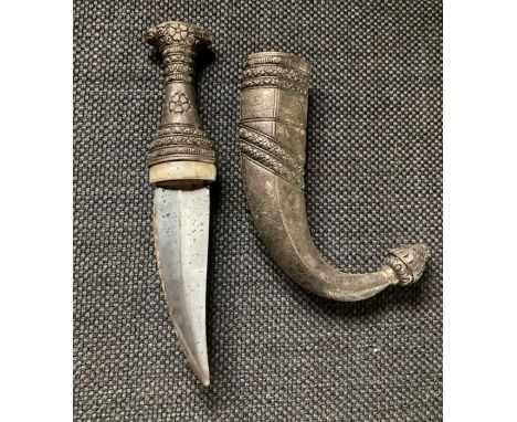 Middle eastern dagger and scabbard white metal, measures 28cms when complete.&nbsp; plus selection of resin netsuki style fig