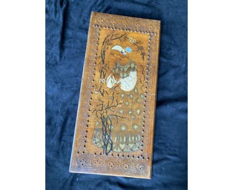 Decorative plaster gold sconce and carved wooden Lamp base, Wooden marquetry panel, and wooden Trouser press.