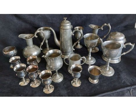 A box of pewter and plate, ( 20 ) tallest item the pewter Coffee pot stands 27cm high, Condition: some denting