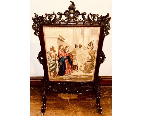A Victorian and later mahogany carved firescreen. 130cm H x 80cm W