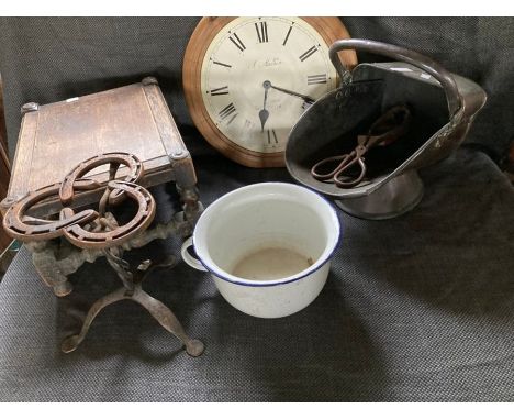 1 box oak stool, Modern pine clock , Vintage copper scuttle with tongs, horse shoe trivet, enamel po.1 box salter hanging sca