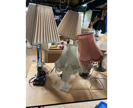 11 lamps and two shades, oil style electric lamp, two figurine bases, one glass dome, Mirrored and agate bases.