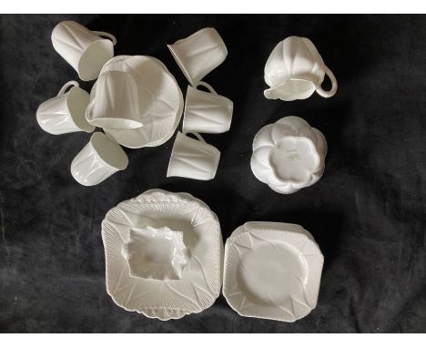 Childs vintage part tea set, Shelley white tea set, 7 cups and saucers, 6 Tea plates, cake plate, milk and sugar.&nbsp; four 