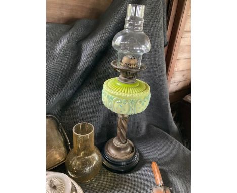 2 silver plated trays, oil lamp, shades, carving set in wooden block,&nbsp; three sets of binoculars and a mixed companion se