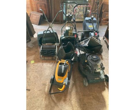 Collection of 5 various Lawn Mowers.  a manual Ransonics 12in AJAX Mk4, an Ensign petrol B14, a trojan Petrol 18 Quattro 40, 