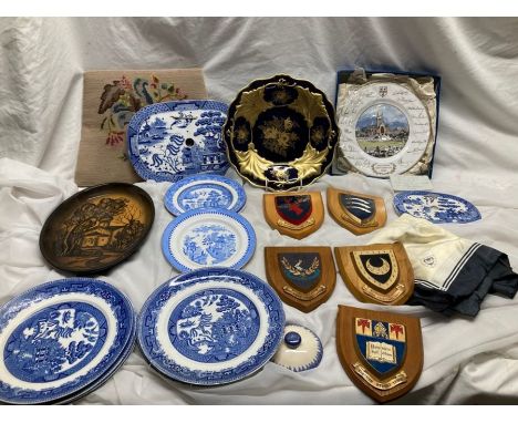 1 box comprising of 6 cricket shields, silk scarf, willow pattern plates, tapestry panel and royal Worcestershire Commemorati