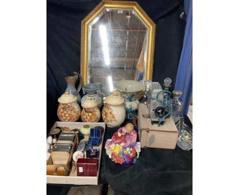 two boxes of ceramics plus large mirror Italian storage jars, large gold framed mirror, Slide projector, tray of trinkets inc