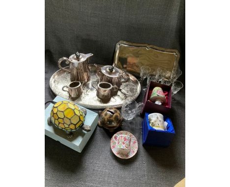 1 box 5 Tutbury crystal half pint mugs, Tortoise money box and tiffany style lamp, 2 mugs in boxes, plug in light, 6 sherry g