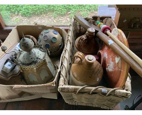 1 box Wooden scoop, converted brass lantern,Brass globe conical basket blue and white grinder.1 box 2 stone ware flagons,Tool