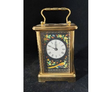 A Halcyon Days brass carriage clock, with enamel panels decorated with exotic birds and flowering foliage, 11cm high excludin