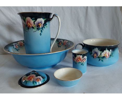 A Crownford Burslem toilet set with printed decoration comprising ewer and basin, toothbrush holder, soap dish and chamber po