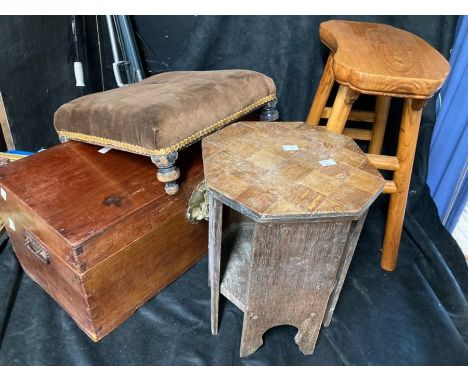 A selection of Treen items, small wooden trunk, two stools, small table, coal box, two clocks for restoration, large tray,gla