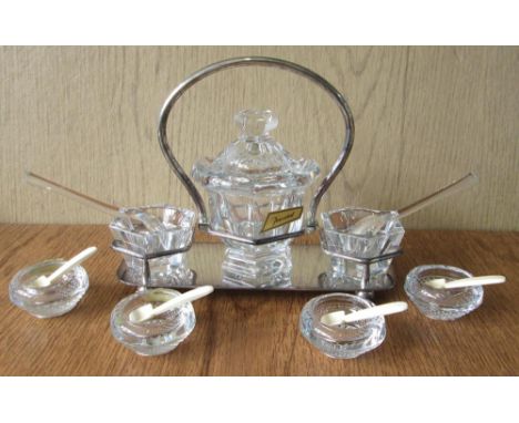 BACCARAT CREUT SET, crystal glass with plated mounts, 17cm H, and four Baccarat salts, 5.5cm diam, with bone spoons, boxed. (
