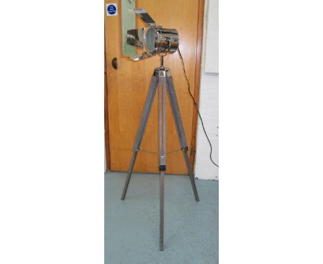 STUDIO LAMP, plated metal on adjustable tripod stand, with electric leads and switch, 140cm H.