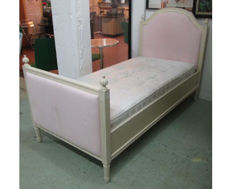 NORDIC STYLE SINGLE BED, having a cream frame with pink and white striped head and footboard including mattress, 3ft W. 