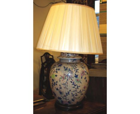 TABLE LAMP, Oriental style ceramic with pleated silk shade, 75cm H overall. 