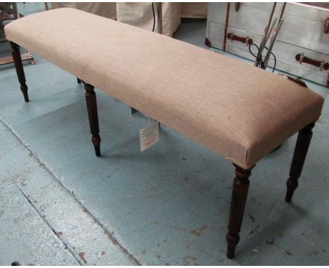HALL BENCH, in neutral fabric on turned fluted supports, 151cm L. 