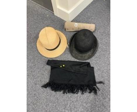 PAIR OF EDWARDIAN SPATS, EDWARDIAN STRAW HAT, SCARF ETC