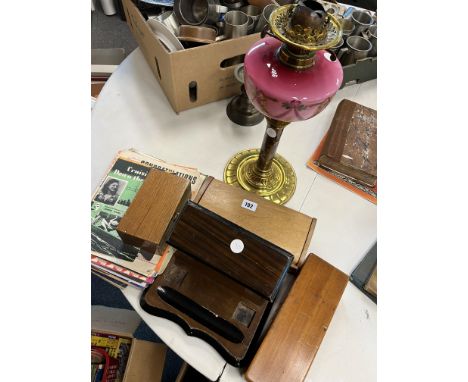 VICTORIAN BRASS CERAMIC OIL LAMP, VICTORIAN WRITING SLOPE, MUSIC ETC