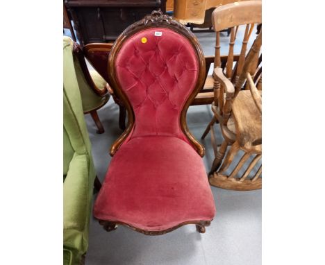 VICTORIAN BUTTON BACK OPEN ARMCHAIR UPHOLSTERED IN MAROON DRALON