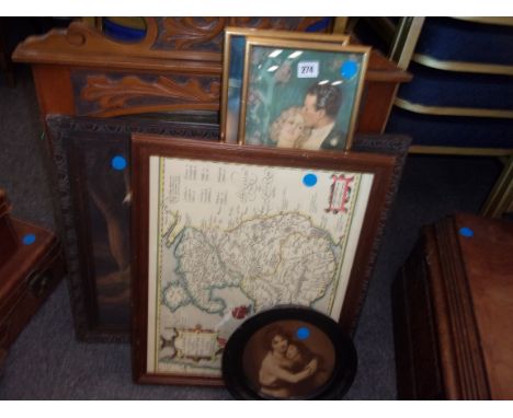 VICTORIAN MIRROR PRINT OF HORSE, REPRODUCTION MAP, 1920S PRINTS ETC, 7 ITEMS