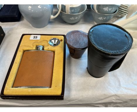 BOXED HIP FLASK, 2 CASED STIRRUP CUPS